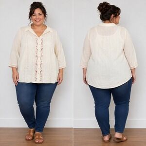 VTG Style & Co Collection Woman Embroidered Lace Trim Blouse Cream Beige 20W NWT